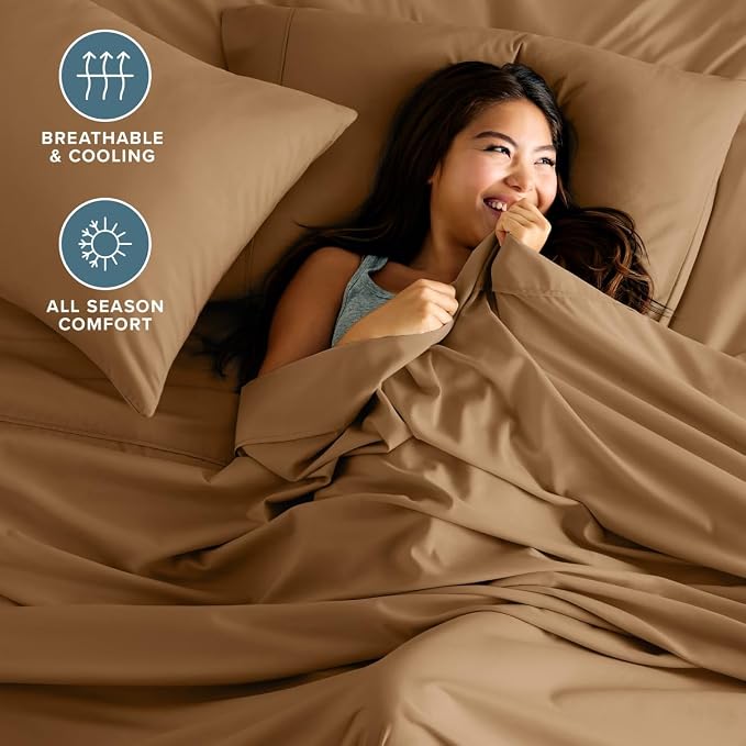 Bare Home Queen Sheet Set - 1800 Ultra-Soft (Queen, Caramel) | Deep Pockets 6 to 15 Inches, Breathable, Hypoallergenic, Hotel Luxury, Easy Fit, Soft, All-Season