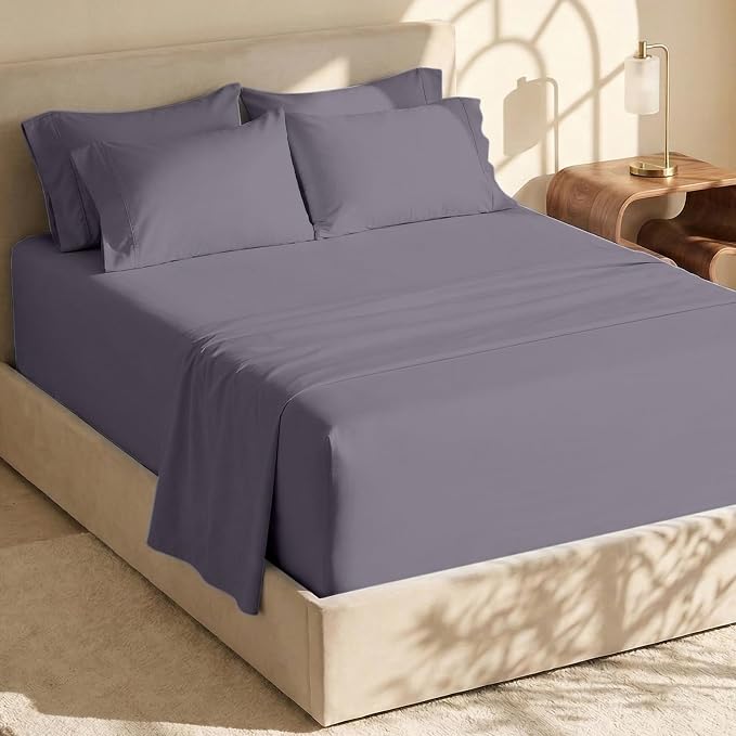 Hearth & Harbor Bed Sheets, Luxury Soft 6 Piece Bed Sheet Set Extra Deep Pocket Fitted Sheets Fits Mattress up to 21", Double Brushed Bedding Sheets & Pillowcases, King Purplish Gray