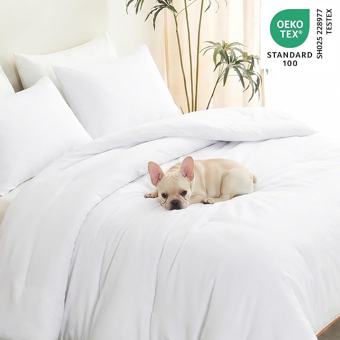 Full Comforter Set, 3 Pieces Down Alternative Bedding, White | 270 GSM All Season Comforter with 4 Corner Ties for Use as a Duvet Insert, OEKO-TEX Certified, 2 Pillowcases, 82 x 86 in
