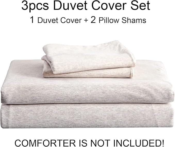 PURE ERA Jersey Knit Duvet Cover Set 100% T-Shirt Cotton Super Soft Comfy 3pc Bedding Set with Zipper Closure (Heather Beige, Queen) | 100% Cotton, 3 Piece Set, T Shirt Soft, Breathable, Envelope Closure Pillowcases, Hidden Zipper, 8 Ties, No Insert, M...