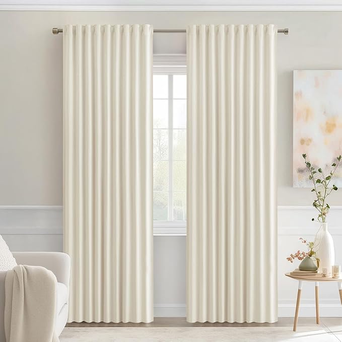 MIULEE Beige White Back Tab Blackout Curtains 52x72 Inches Long 2 Panel Set | Rod Pocket Pinch Pleated, Thermal Insulated, Room Darkening, Light Blocking, Privacy Curtains for Living Room Bedroom