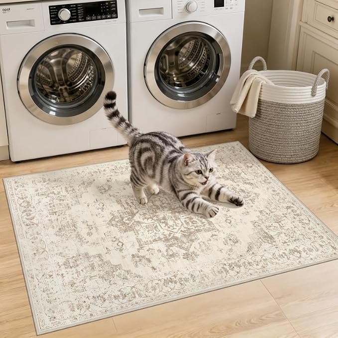 Washable Area Rugs 2x3: Living Room Bedroom Carpet Beige/Ivory | Vintage Boho Indoor Decor Soft Small Entryway Throw Neutral Kitchen Bathroom Laundry Floor Non-Slip Low Pile Entrance Rug