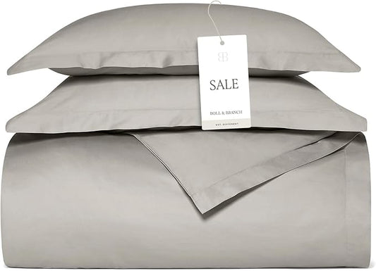 BOLL & BRANCH Signature Hemmed Duvet Set, Twin/Twin XL, Pewter | 1 Duvet Cover, 1 Sham - Luxury 100% Organic Cotton - Buttery Soft, Hidden Closures
