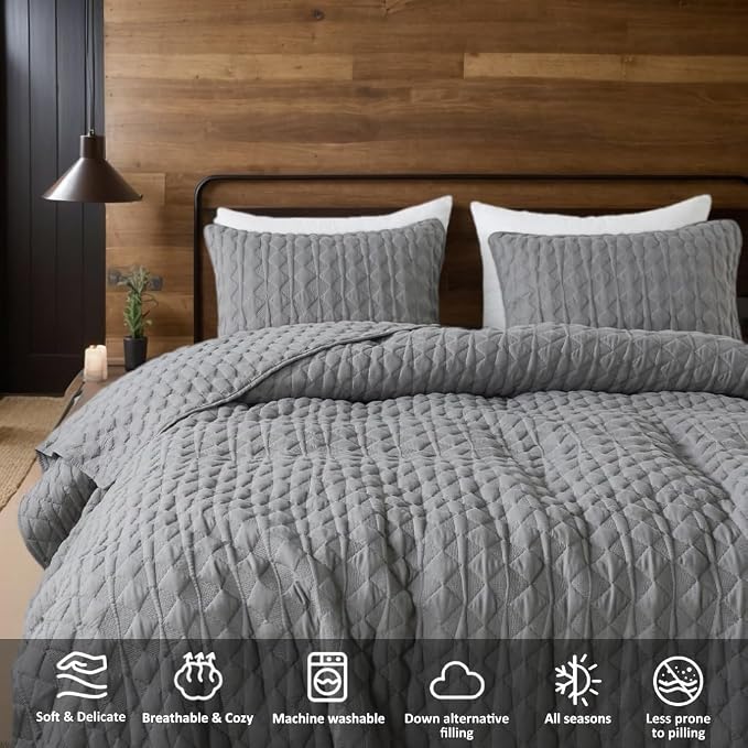 WDCOZY Dark Grey Quilt Queen Size Bedding Sets with 2 Pillow Shams, Lightweight Soft Bedspread Coverlet, Quilted Blanket Thin Comforter Bed Cover, All Season Spring Summer, 3 Pieces, 90x90 inches