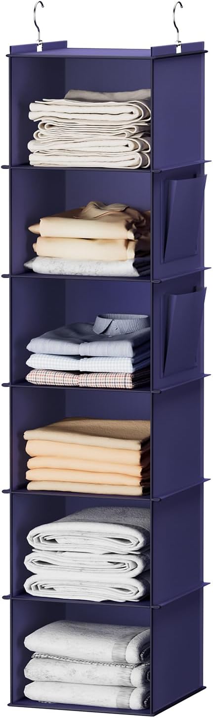 YOUDENOVA Hanging Closet Organizer and Storage, 6-Shelf, Purple | Breathable Fabric, Clothes Organizer with 2 Side Pockets, Hanging Shelves for Closet Storage, Dorm Room Essentials for Guys
