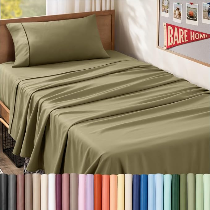 Bare Home Twin XL Sheet Set - 1800 Ultra-Soft (Twin XL, Olive) | Deep Pockets 6 to 15 Inches, Breathable, Hypoallergenic, Hotel Luxury, Easy Fit, Soft, All-Season