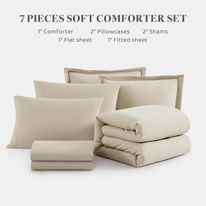 Super King Plus Size Comforter Set- 7 Pieces Bed in a Bag King Bedding Sets | Prewashed All Season Comforter with Sheets, Pillow Shams & Pillowcases,Light Oatmeal