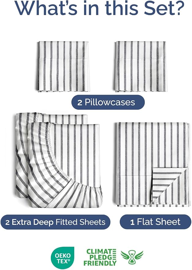 Extra Deep Split King Sheet Set - 5 Piece Breathable Cooling - Grey Stripes | Easily Fits 18 to 24 inch Mattress - Ultra Soft, Wrinkle & Fade Free with Extra Deep Pockets - Comfy Hotel Luxury Bedding