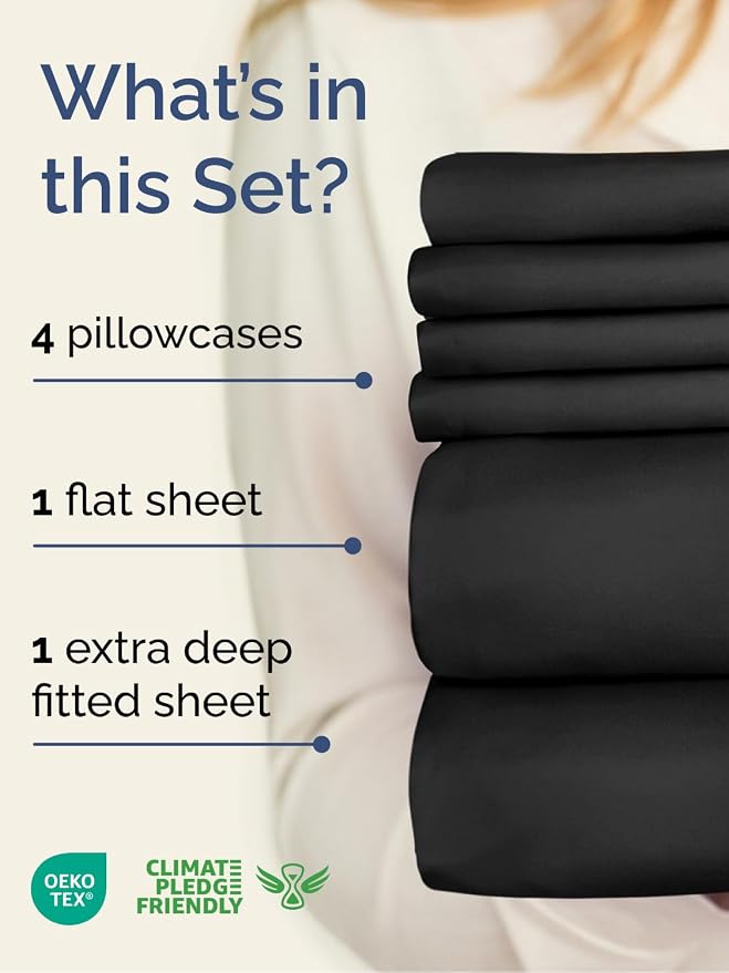 Extra Deep Cal King Sheet Set - 6 Piece Breathable & Cooling Sheets - Black | Hotel Luxury Bed Sheets Set, Easy & Secure Fit, Ultra-Soft, Wrinkle & Fade Free, Comfy Sheets Set with Extra Deep Pockets