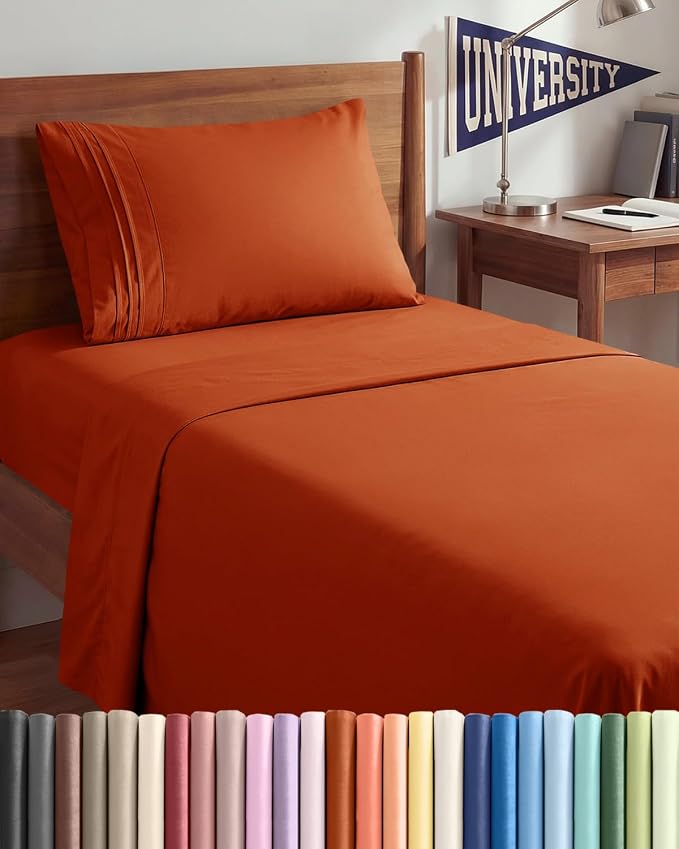Twin XL 3 Piece Sheet Set - College Dorm Room Essentials - Terracotta | Deep Pocket Bed Sheets for Women, Men, Teens & Students, Soft, Cooling, Breathable & Wrinkle Free, Oeko-Tex Bed Sheet Set