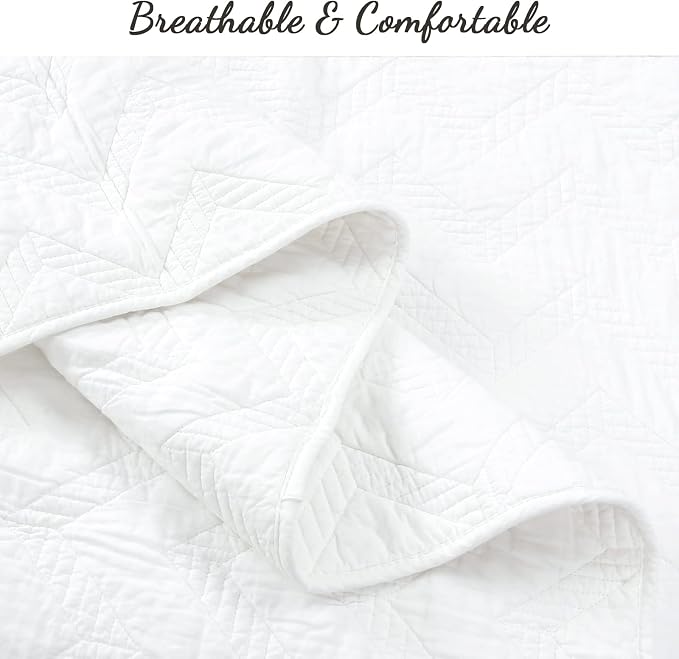 Cozy Line Home Fashions 100% Cotton Geometric Modern Zig Zag Stitch Solid White Quilt Bedding Set, Coverlet, Bedspread Lightweight for All Season (Chevron - White, Queen - 3 piece)