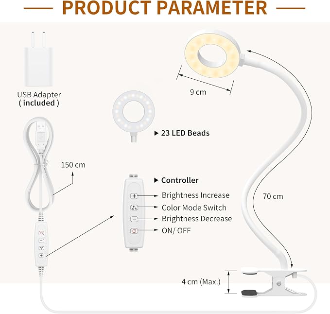 iZELL Reading Light, USB Clamp Lamp for Child Reading Book in Bed at Night, LED Small Desk Lamp with Silicone Adjustable Arm Clip on Beside Table for Studying Working Drafting Sewing - 15.8‘’ White