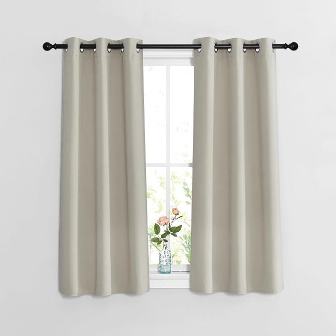 NICETOWN Blackout Bedroom Curtains 48 inches Long - Window Treatment Thermal Insulated Solid Grommet Room Darkening Privacy Sound Reducing for Kitchen (Natural, Set of 2, W37 x L48)