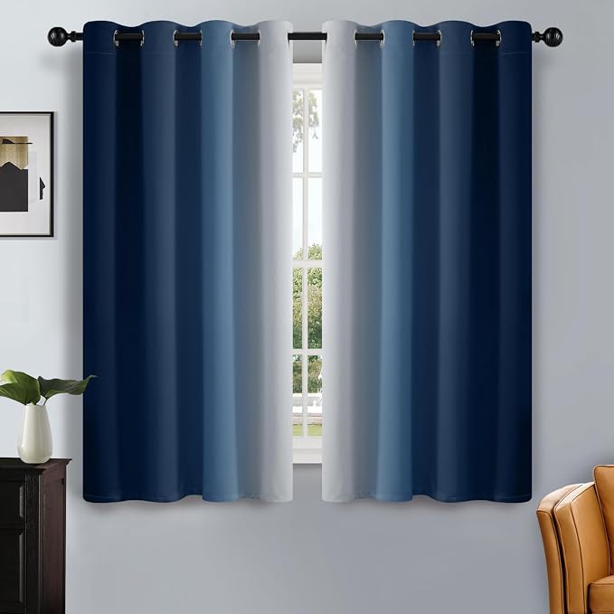 SimpleHome Ombre Blue to Grey White Curtains for Living Room 52Wx54L | Room Darkening Curtains for Bedroom,Gradient Light Blocking Curtain,Thermal Insulated Grommet Window Drapes,2 Panels,54 Inch