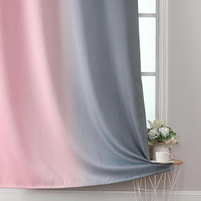 Ombre Grey and Pink Blackout Curtains for Bedroom 72 Inch | Full Room Darkening Blackout Curtains for Living Room, Grommet Thermal Insulated Gradient Window Drapes, 52x72 Inch,2 Panels