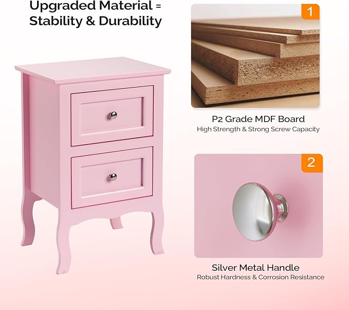 Bonnlo Nightstand with 2 Drawers, Night Stands for Bedrooms, Small Bed Side Table/White Night Stand with Drawers for Small Spaces, College Dorm, Kids’ Room, Living Room, French, 16W x 12D x 24H, Pink