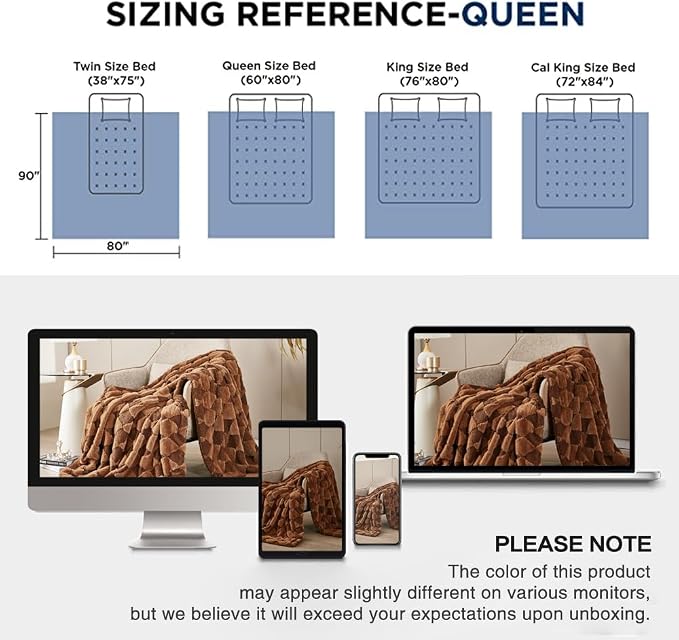 PU MEI Luxury Faux Fur Rabbit Fur Throw Blanket Brown 90"x80",Plush Reversible Sherpa Blankets,Queen Fuzzy Elegant Blanket Thick Throws for Bed,Washable Bedding Accent Blankets for Sofa Couch Chair
