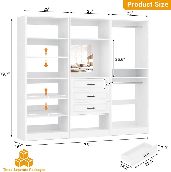 Unikito 75" Modular Closet System with 3 Sets, Mirror & Drawers, White | Hanging Rods & Adjustable Shelves, Freestanding Wood Wardrobe Garment Rack, Walk in Tower Clothes Storage Organizer Unit