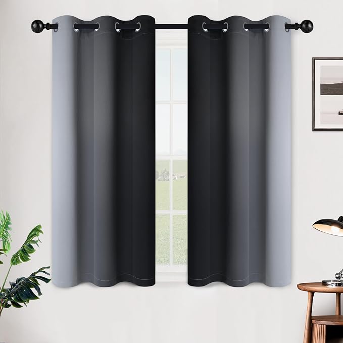 SimpleHome Ombre Black to Grey White Curtains for Living Room 42Wx45L | Room Darkening Curtains for Bedroom,Gradient Light Blocking Curtain,Thermal Insulated Grommet Window Drapes,2 Panels,45 Inch