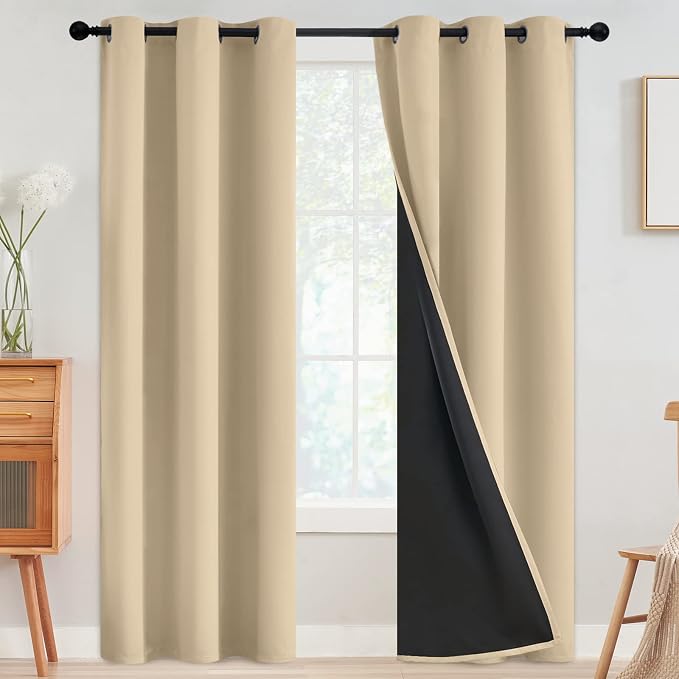 SimpleHome Beige 100% Blackout Curtains Room Darkening Living Room 84 Inch | Curtains for Bedroom,Thermal Insulated Grommet Window Drapes,Curtains for Living Room with Black Back,42 x 84 Inch,2 Panels