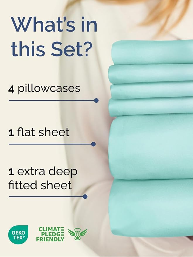 Extra Deep King Sheet Set - 6 Piece Breathable & Cooling Sheets - Spa Blue | Hotel Luxury Bed Sheets Set, Easy & Secure Fit, Ultra-Soft, Wrinkle & Fade Free, Comfy Sheets Set with Extra Deep Pockets