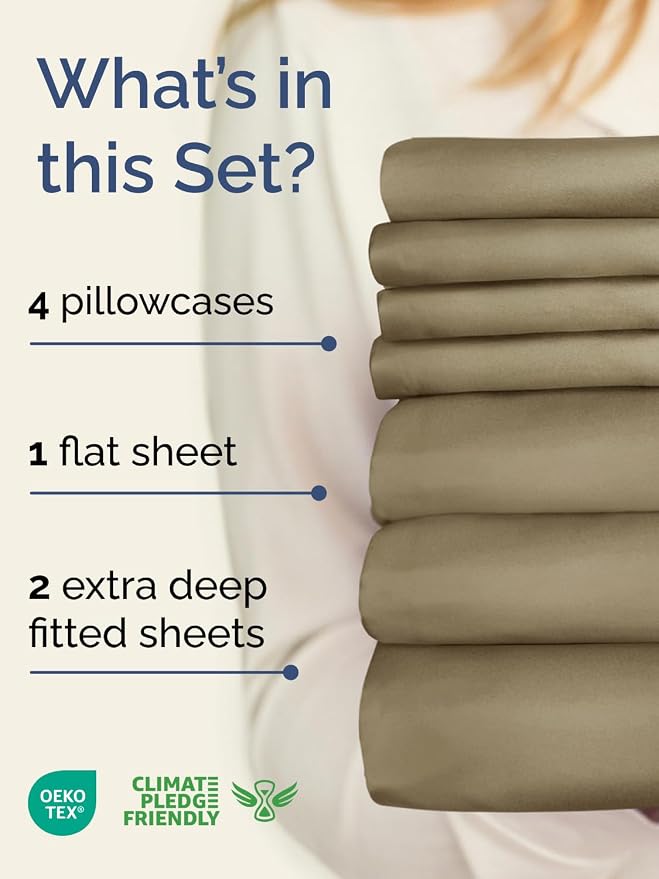 Extra Deep Split King Sheet Set - 7 Piece Breathable Cooling Sheets - Khaki | Hotel Luxury Bed Sheets Set, Easy & Secure Fit, Ultra-Soft, Wrinkle & Fade Free, Comfy Sheets Set with Extra Deep Pockets