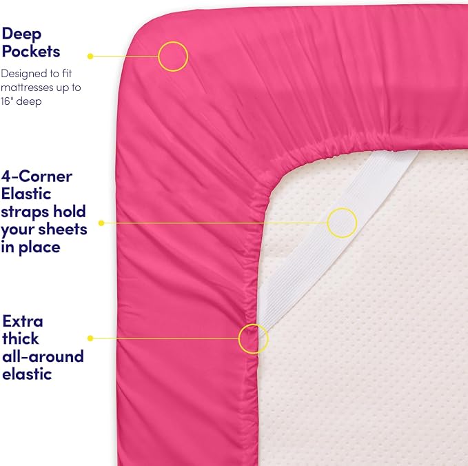 Full Size Sheet Set with Built-in Sheet Straps - Deep Pocket Fitted Sheet, Flat Sheet & Pillowcases - Soft, Wrinkle-Free, Secure Fit - Fuschia