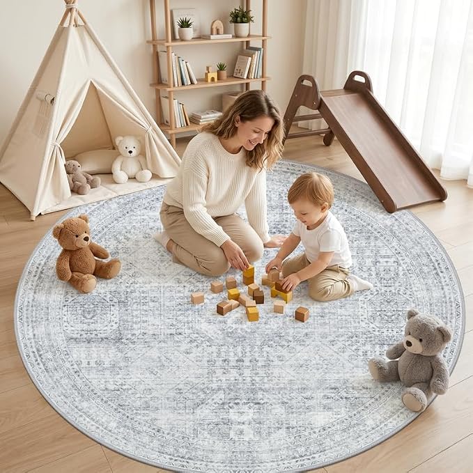 Round Area Rug Living Room: 6ft Neutral Washable Carpet Rug Gray | Vintage Boho Circle Soft Large Circular Carpet Bedroom Nursery Farmhouse Dining Room Indoor Decor Floor Non-Slip Under Table