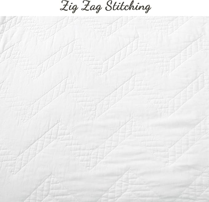 Cozy Line Home Fashions 100% Cotton Geometric Modern Zig Zag Stitch Solid White Quilt Bedding Set, Coverlet, Bedspread Lightweight for All Season (Chevron - White, Queen - 3 piece)