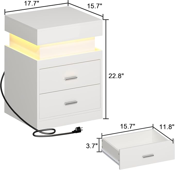 ChooChoo LED Nightstand with Charging Station and Sliding Storage | Sliding Top Storage, 2-Drawers, High Gloss Bedside Table, Modern End Table, Bedroom, White