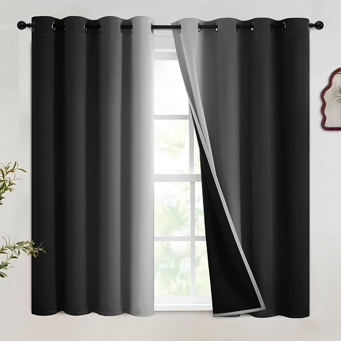 SimpleHome 100% Blackout Ombre Bedroom Curtains Black and Greyish White,45L | Room Darkening Curtains,Thermal Insulated Grommet Window Drapes and Curtains for Living Room,2 Panels, 52x45 inches Length
