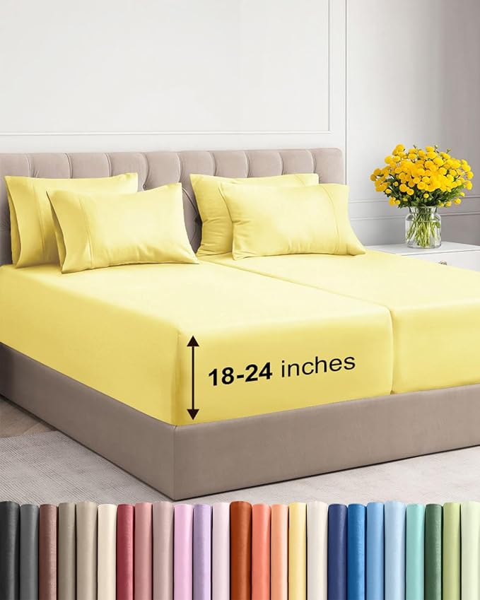 Extra Deep Split King Sheet Set - 7 Piece Breathable & Cooling - Yellow | Hotel Luxury Bed Sheets Set, Easy & Secure Fit, Ultra-Soft, Wrinkle & Fade Free, Comfy Sheets Set with Extra Deep Pockets