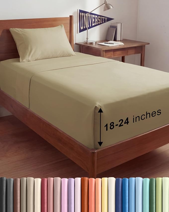 Extra Deep Twin XL Sheet Set - 3 Piece College Dorm Room - Beige | Soft, Breathable & Cooling, Easily Fits 18 to 24 inch Mattress, Wrinkle Free & Fade Resistant with Extra Deep Pockets