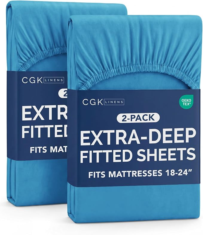 2 Pack Extra Deep Full Fitted Sheets with Extra Deep Pockets - Denim Blue | Hotel Luxury Bottom Fitted Sheets Only, Soft, Fade & Wrinkle Free, Breathable & Comfy, All Around Elastic Fitted Sheets