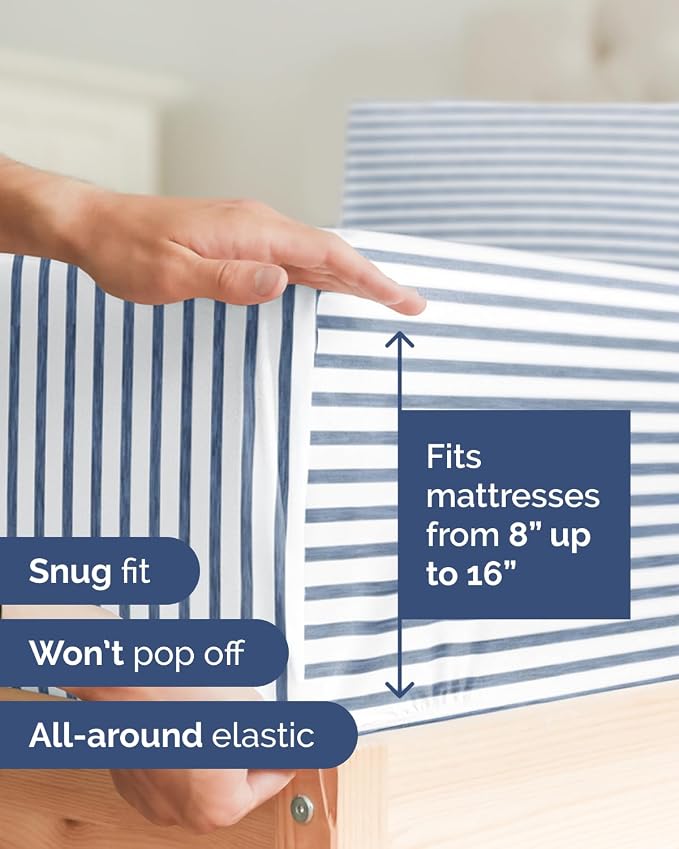 Flex Top Split Head King 6 Piece Sheet Set - Soft & Cooling - Blue Stripes | Ultra Soft Hotel Luxury Bedding Set w/ 8-16 Inch Deep Pockets, 1 Flat & 1 Split-Head Fitted Sheet & 4 Pillowcases, Fade Free