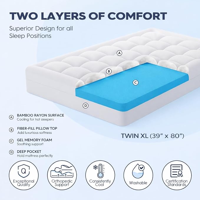 ELEMUSE Twin XL College Dorm Essentials 3 Inch Memory Foam Mattress Topper | Dual Layer Design, 2 Inch Cooling Gel Foam and 1 Inch Soft Pillow Top Bed Pad, Back to School, Comfortable Support