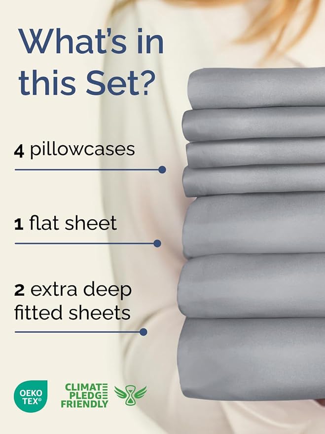 Extra Deep Split King Sheet Set - 7 Piece Breathable & Cooling - Steel Blue | Hotel Luxury Bed Sheets Set, Easy & Secure Fit, Ultra-Soft, Wrinkle & Fade Free, Comfy Sheets Set with Extra Deep Pockets