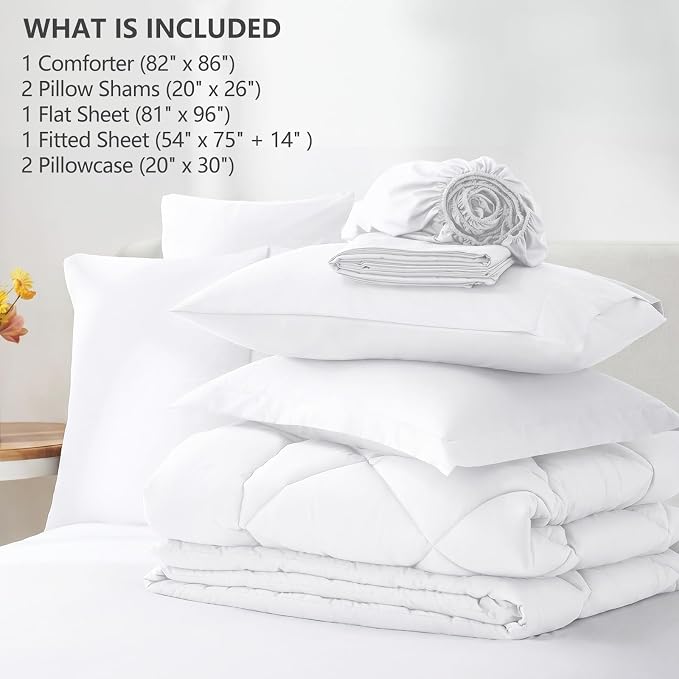 Full Size Comforter Sets White - 7 Pieces Complete Bedding Set | OEKO-TEX Certified, All Season, 240GSM Down-Alternative Comforter, Sheets, Pillowcases & Shams, 14" Deep Pocket, Easy Care