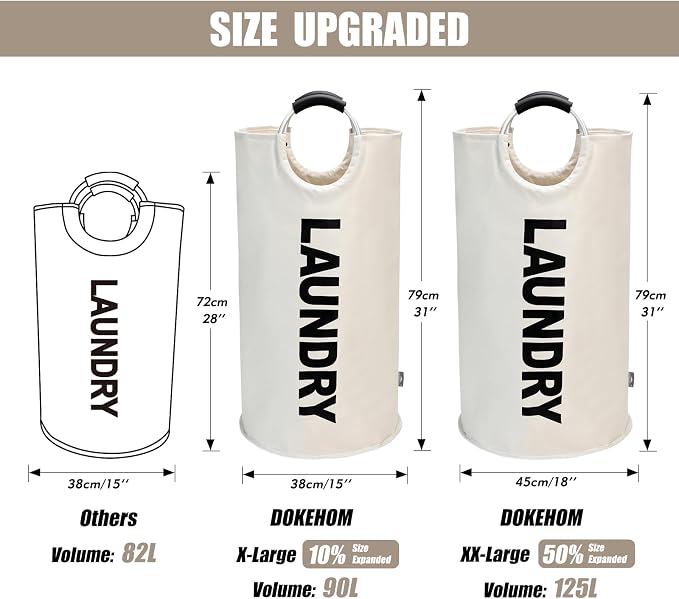 DOKEHOM 125L X-Large Laundry Basket Bag, Collapsible Tall Hamper, Beige | Freestanding tall washing bin & foldable laundry bag. Extra large clothes storage basket with durable sturdy handles