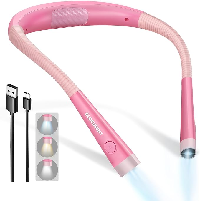 Glocusent Reading Light,Pink Neck Light,80-hr Rechargeable Book Light | 3-Color&6-Brightness, USB-C,LED Neck Reading Light,Women, Travel,Portable, Repairing,Crochet, Christmas, Book Lovers Gifts