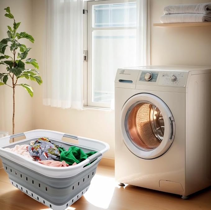 SAMMART 42L (11 gallon) Collapsible Plastic Laundry Basket - Foldable Pop Up Storage Container/Organizer - Space Saving Hamper/Basket (1, White/Grey)