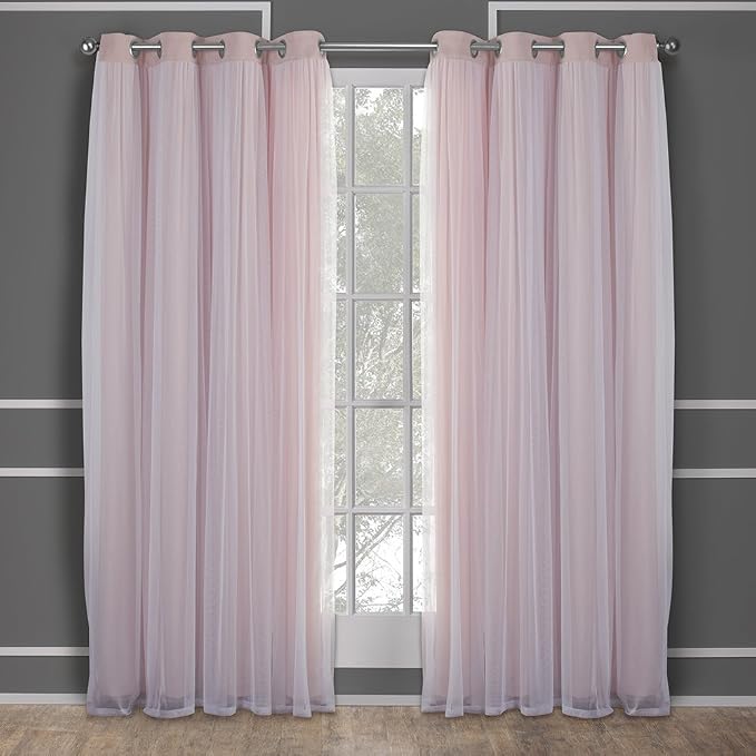 TOWN & COUNTRY LUXE Talia Double Layer Indoor Curtains, Sheer and Room Darkening Blackout, Grommet Top, Energy Efficient, 2-Pack Set, 52"x84", Rose Blush