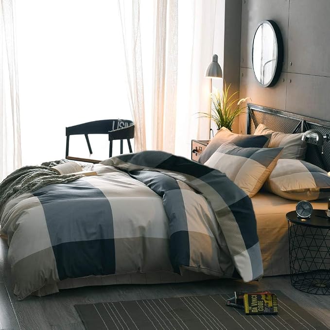 Twin XL Comforter Set Modern Style Plaid Comforter Set Men Boys Geometric Checkered Plaid Printed Bedding Comforter Soft Fluffy Bedding Set for All Seasons Checkered Pattern Comforter Twin XL Size