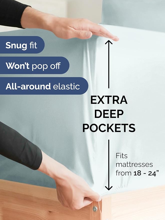 Extra Deep King Sheet Set - 6 Piece Breathable & Cooling Sheets - Ice Blue | Hotel Luxury Bed Sheets Set, Easy & Secure Fit, Ultra-Soft, Wrinkle & Fade Free, Comfy Sheets Set with Extra Deep Pockets