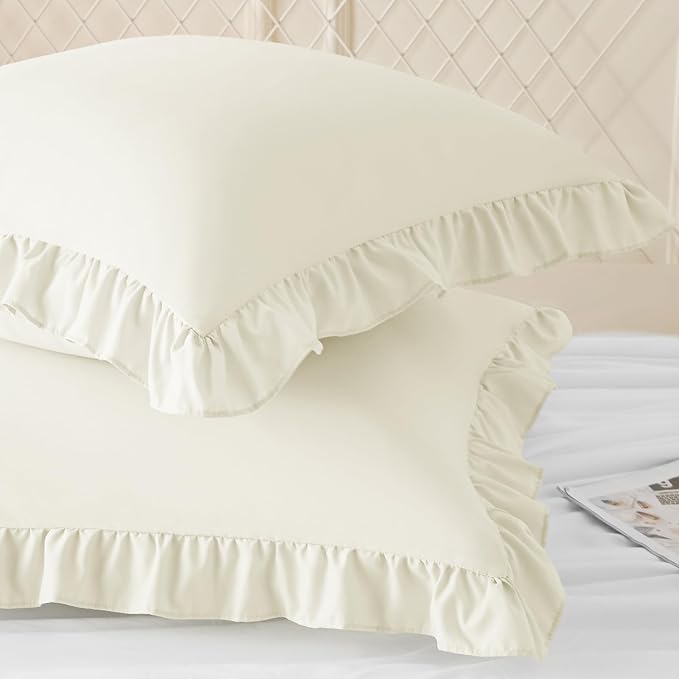 KKJIAF 2 Pack Ruffle Pillow Cases 18x18 Inches, Beige | Square Ruffled Pillow Covers, Microfiber Wrinkle Resistant Pillow Shams with Envelope Closure for Sofa Bed Living Room