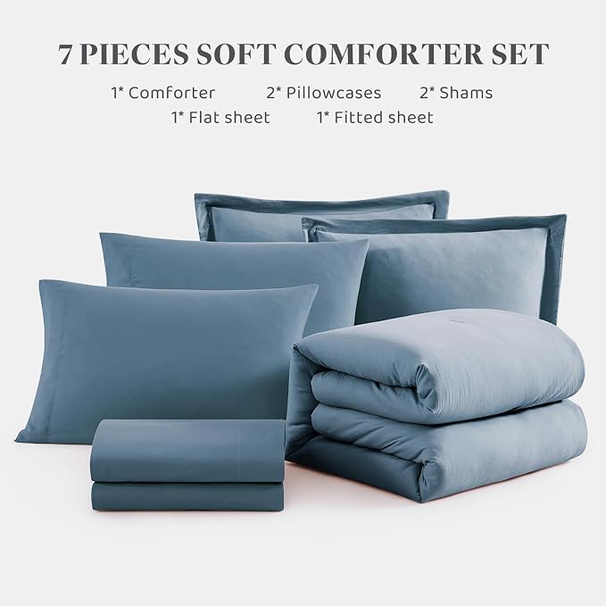 Queen Comforter Set-7 Pieces Soft Prewashed Bed in a Bag Queen Bedding Sets | All Season Comforter with Sheets, Pillow Shams & Pillowcases,Oxford Blue