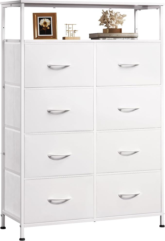 WLIVE 8 Drawer White Fabric Dresser Open Shelves,Tall Storage Tower | White 8-drawer fabric dresser with open shelves, great baby dresser for nursery kids bedroom closet toddler storage