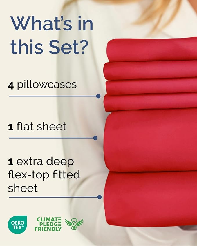 Flex Top Split Head King 6 Piece Sheet Set - Breathable & Cooling - Red | Ultra Soft Hotel Luxury Bedding Set w/ 8-16 Inch Deep Pockets, 1 Flat & 1 Split-Head Fitted Sheet & 4 Pillowcases, Fade Free