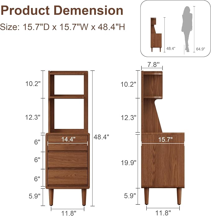 Solid Wood Bookshelf Nightstand Combo, Tall Nightstand with Bookshelf | Walnut Nightstand Bookshelf,Narrow Nightstand with Drawers,Open Shelf Bookcase,for Bedroom,Living Room,Offices