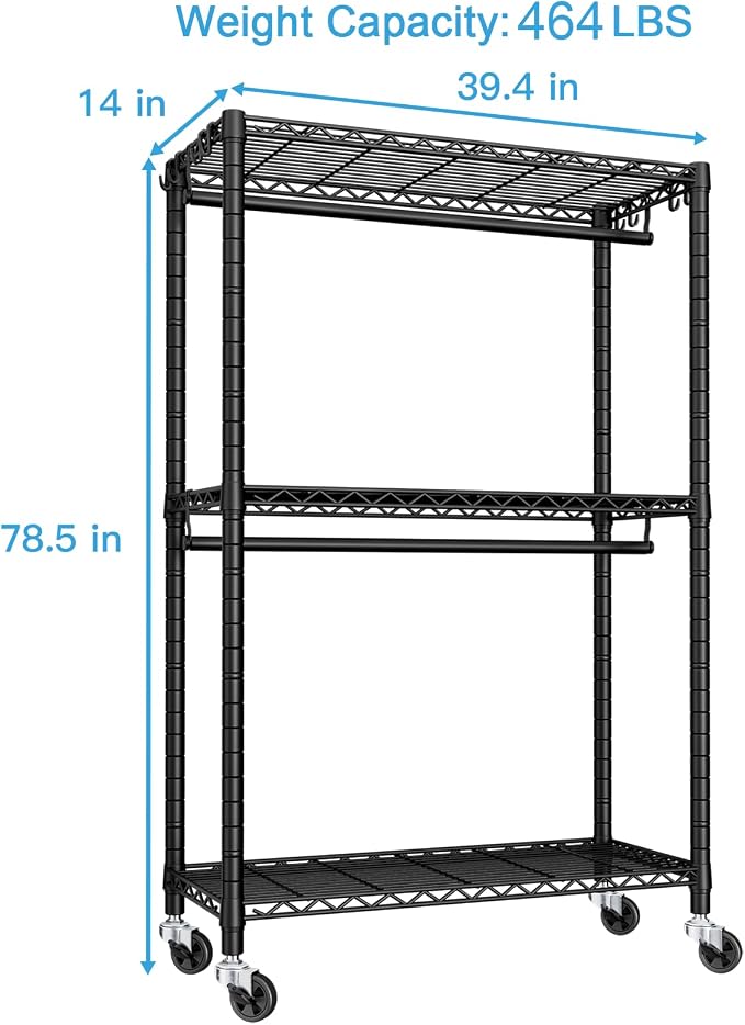 FUTASSI Rolling Clothes Rack, Clothing Racks for Hanging Clothes, Black | P3 Heavy Duty Garment Rack with Wheels, Freestanding Portable Closet Racks 39.4'' W x 14'' D x 78.5'' H, Max Load 470 LBS